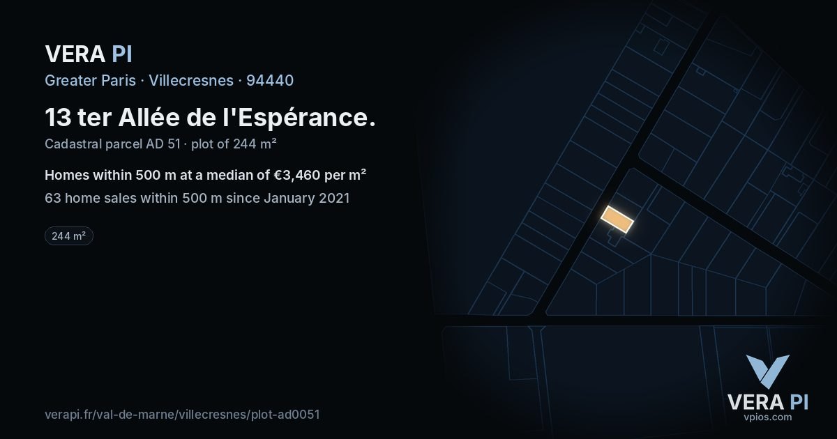 13 ter Allée de l'Espérance, Villecresnes at night – the plot lit, the parcels around coloured by the prices near them