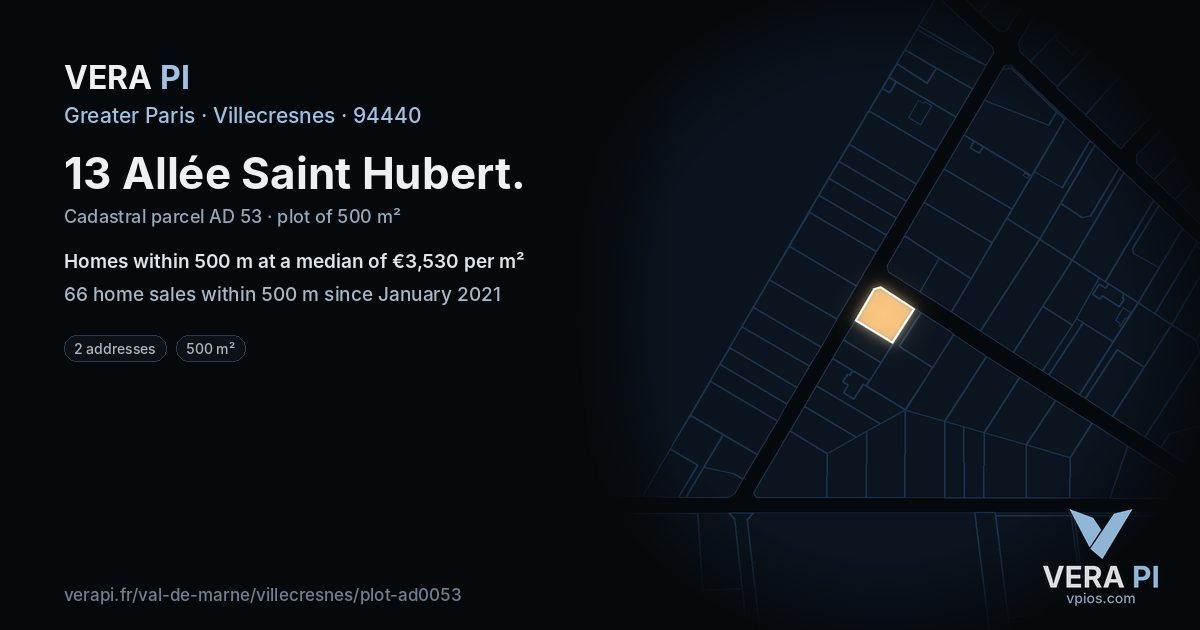13 Allée Saint Hubert, Villecresnes at night – the plot lit, the parcels around coloured by the prices near them