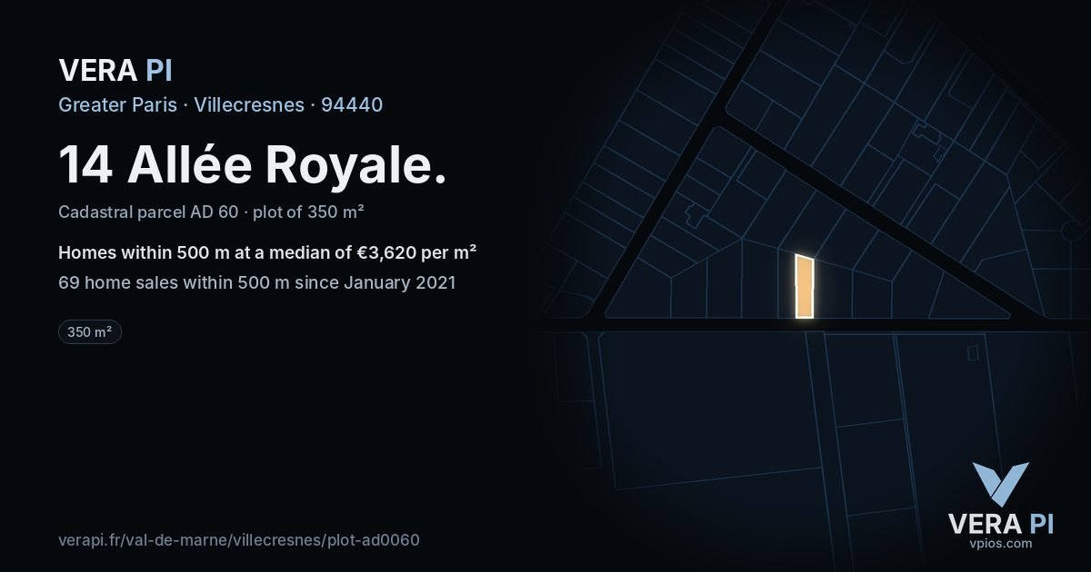 14 Allée Royale, Villecresnes at night – the plot lit, the parcels around coloured by the prices near them