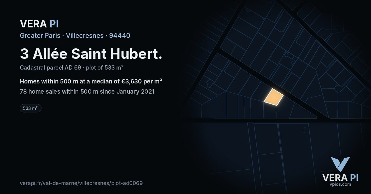 3 Allée Saint Hubert, Villecresnes at night – the plot lit, the parcels around coloured by the prices near them