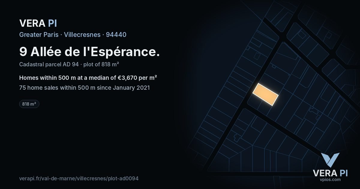 9 Allée de l'Espérance, Villecresnes at night – the plot lit, the parcels around coloured by the prices near them