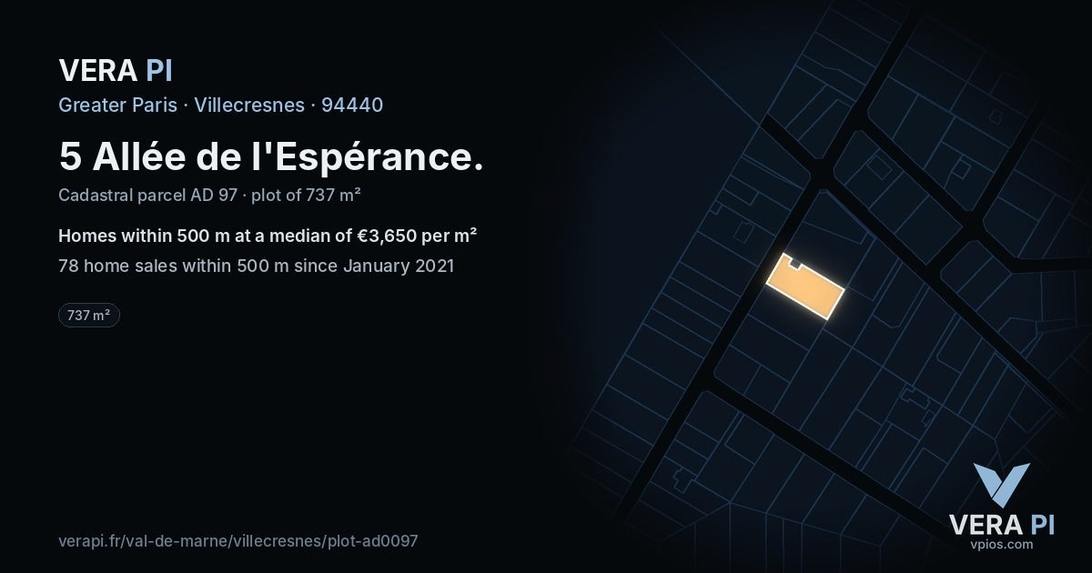5 Allée de l'Espérance, Villecresnes at night – the plot lit, the parcels around coloured by the prices near them
