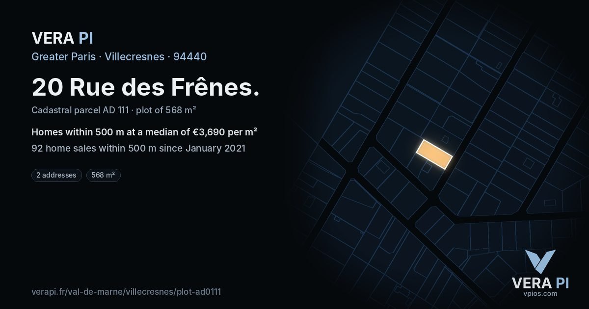 20 Rue des Frênes, Villecresnes at night – the plot lit, the parcels around coloured by the prices near them