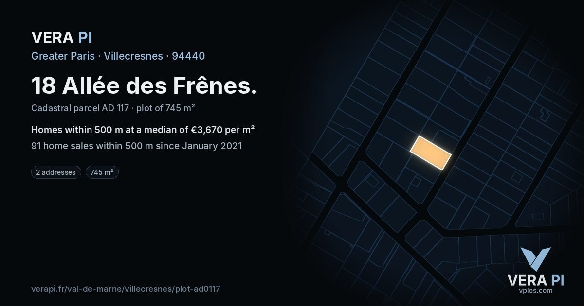 18 Allée des Frênes, Villecresnes at night – the plot lit, the parcels around coloured by the prices near them