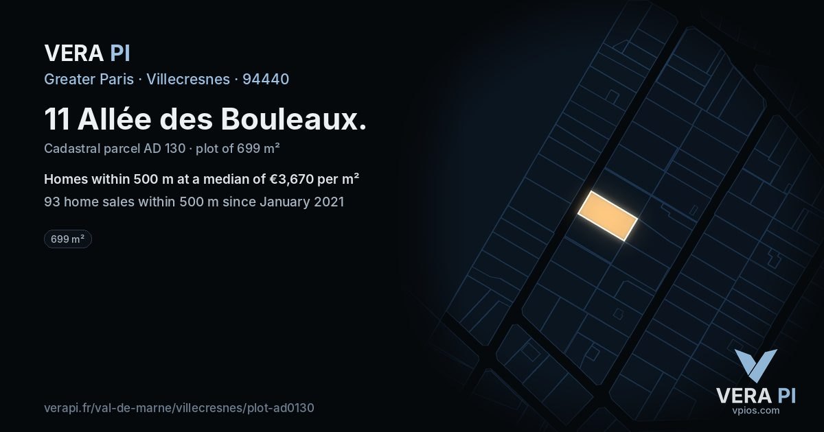 11 Allée des Bouleaux, Villecresnes at night – the plot lit, the parcels around coloured by the prices near them