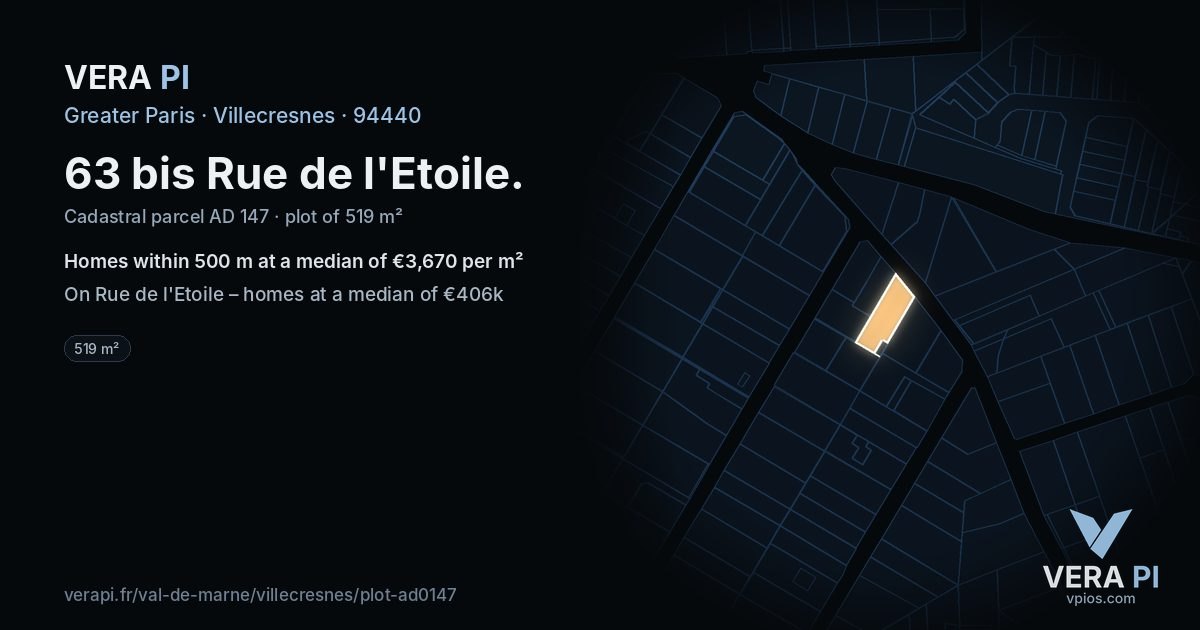 63 bis Rue de l'Etoile, Villecresnes at night – the plot lit, the parcels around coloured by the prices near them