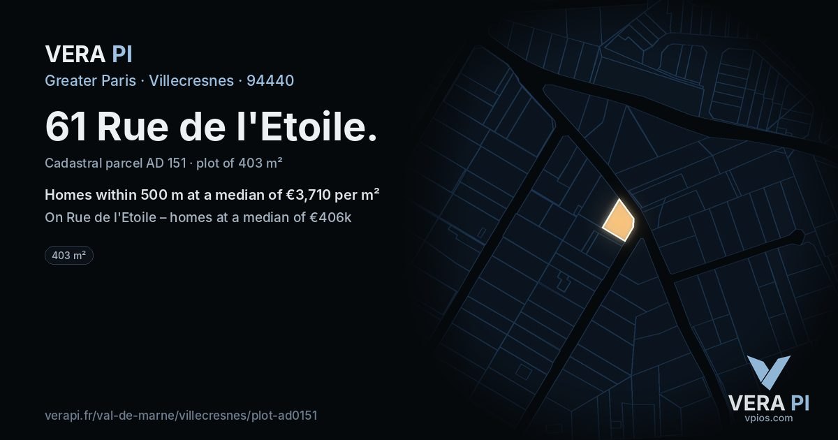 61 Rue de l'Etoile, Villecresnes at night – the plot lit, the parcels around coloured by the prices near them