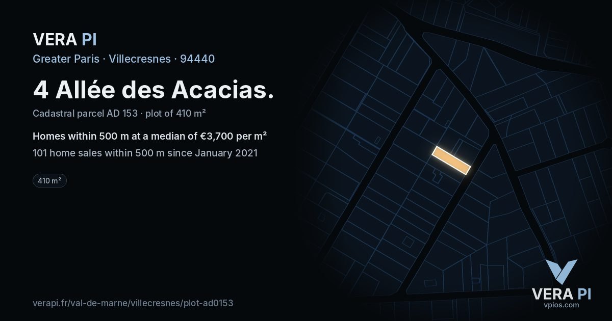 4 Allée des Acacias, Villecresnes at night – the plot lit, the parcels around coloured by the prices near them