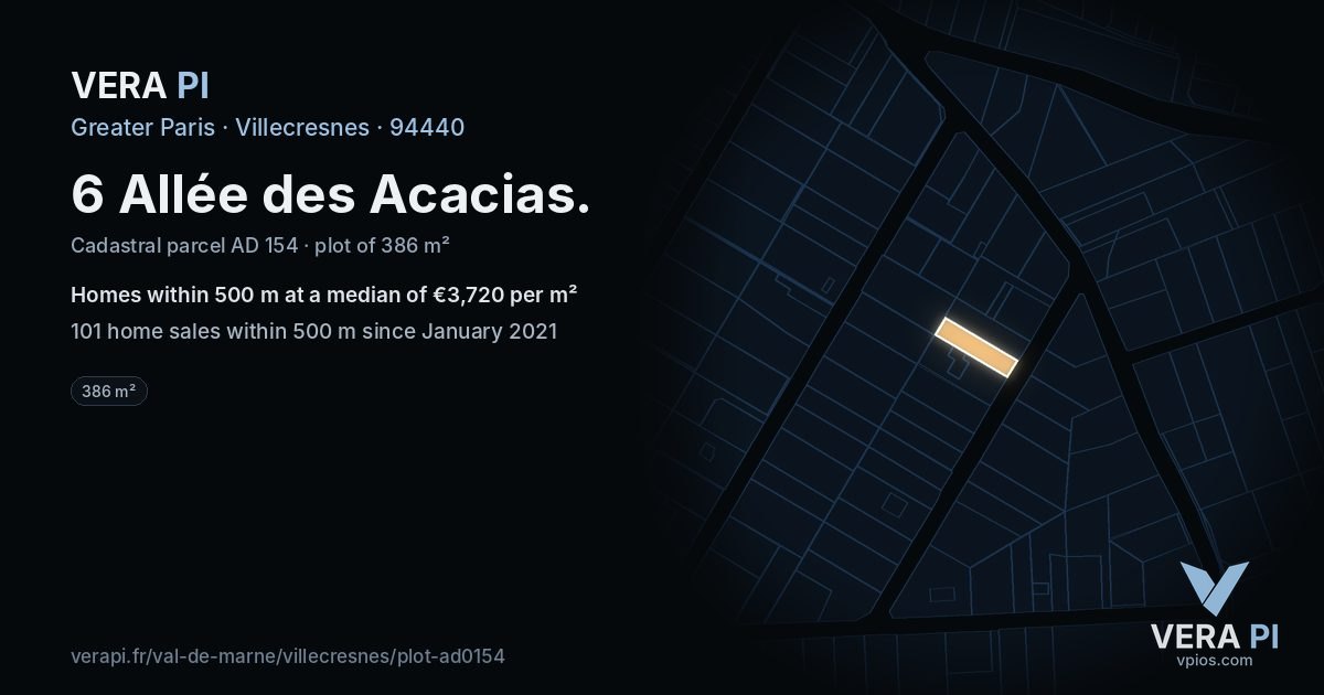 6 Allée des Acacias, Villecresnes at night – the plot lit, the parcels around coloured by the prices near them