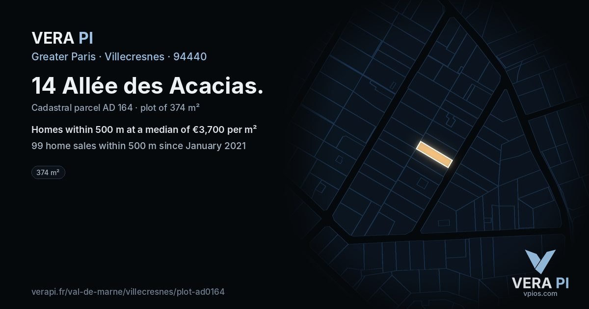 14 Allée des Acacias, Villecresnes at night – the plot lit, the parcels around coloured by the prices near them