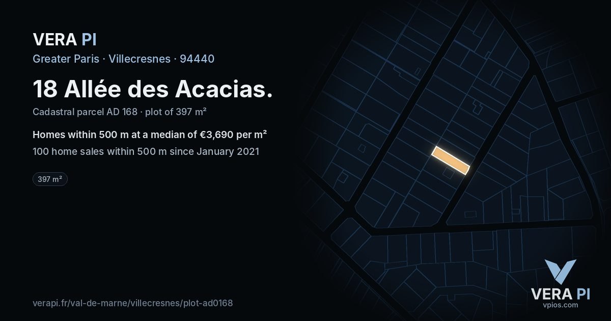 18 Allée des Acacias, Villecresnes at night – the plot lit, the parcels around coloured by the prices near them