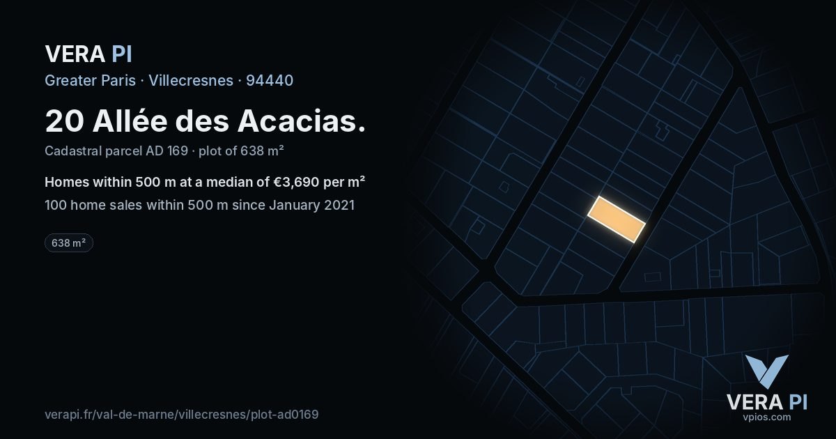 20 Allée des Acacias, Villecresnes at night – the plot lit, the parcels around coloured by the prices near them