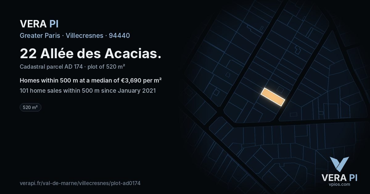 22 Allée des Acacias, Villecresnes at night – the plot lit, the parcels around coloured by the prices near them