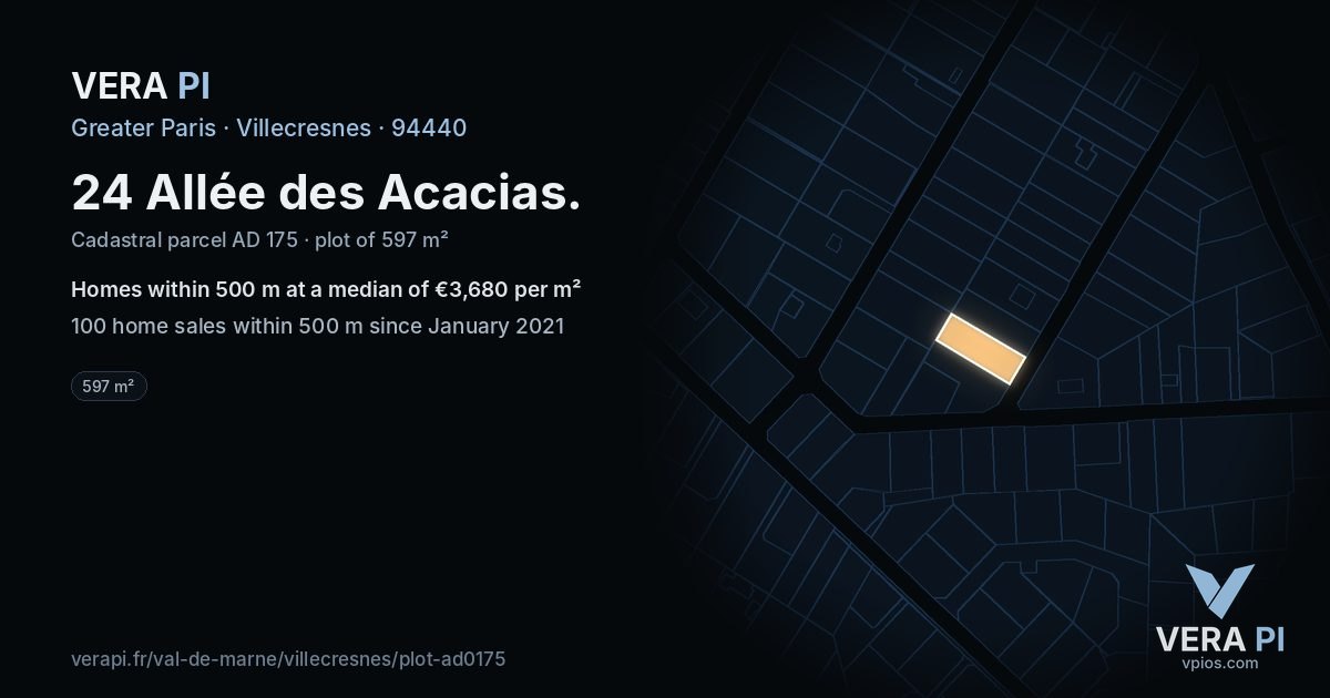 24 Allée des Acacias, Villecresnes at night – the plot lit, the parcels around coloured by the prices near them
