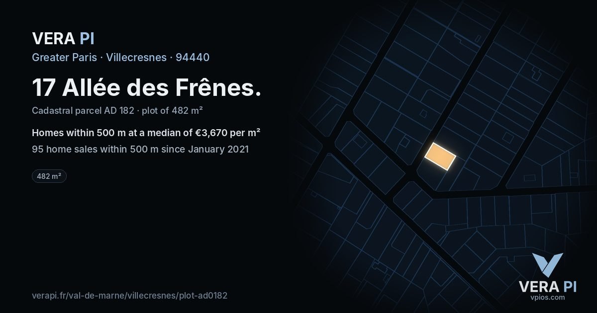 17 Allée des Frênes, Villecresnes at night – the plot lit, the parcels around coloured by the prices near them