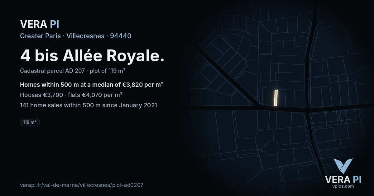 4 bis Allée Royale, Villecresnes at night – the plot lit, the parcels around coloured by the prices near them