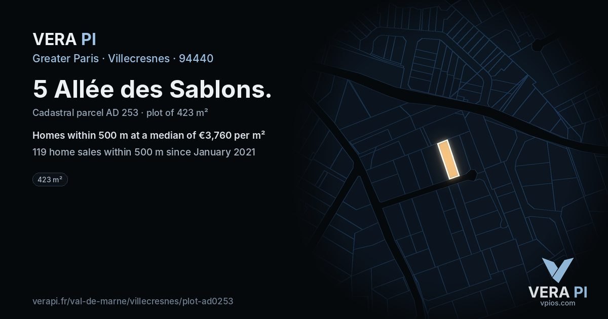 5 Allée des Sablons, Villecresnes at night – the plot lit, the parcels around coloured by the prices near them