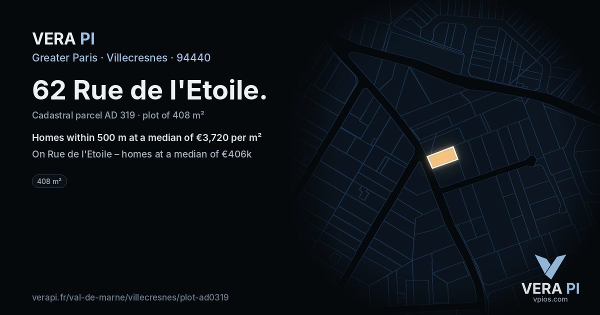 62 Rue de l'Etoile, Villecresnes at night – the plot lit, the parcels around coloured by the prices near them
