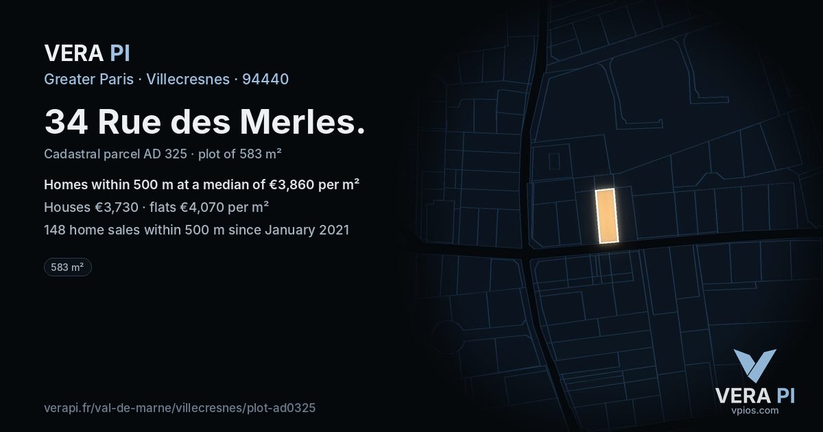 34 Rue des Merles, Villecresnes at night – the plot lit, the parcels around coloured by the prices near them