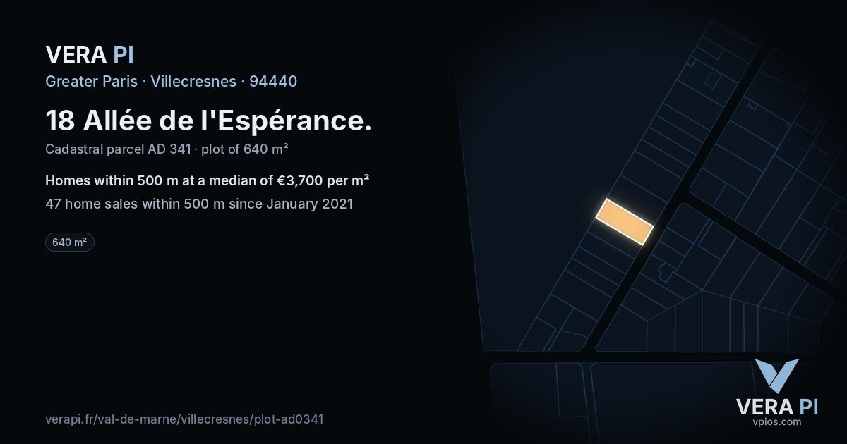 18 Allée de l'Espérance, Villecresnes at night – the plot lit, the parcels around coloured by the prices near them
