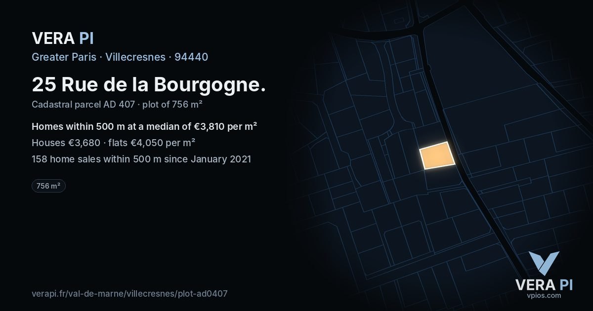 25 Rue de la Bourgogne, Villecresnes at night – the plot lit, the parcels around coloured by the prices near them