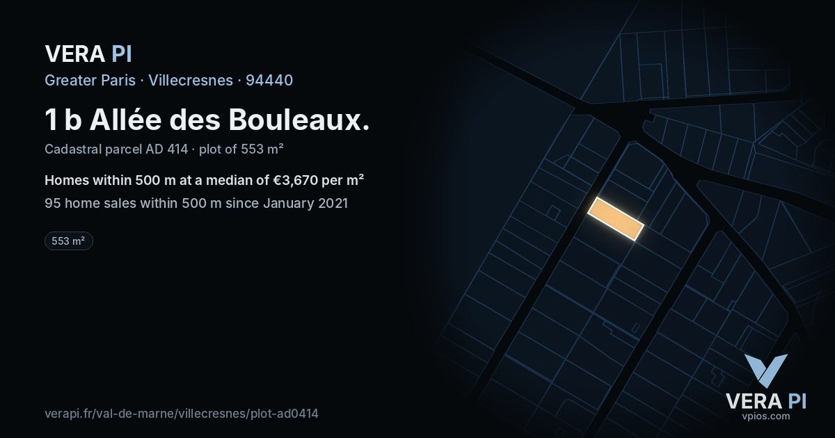 1 b Allée des Bouleaux, Villecresnes at night – the plot lit, the parcels around coloured by the prices near them