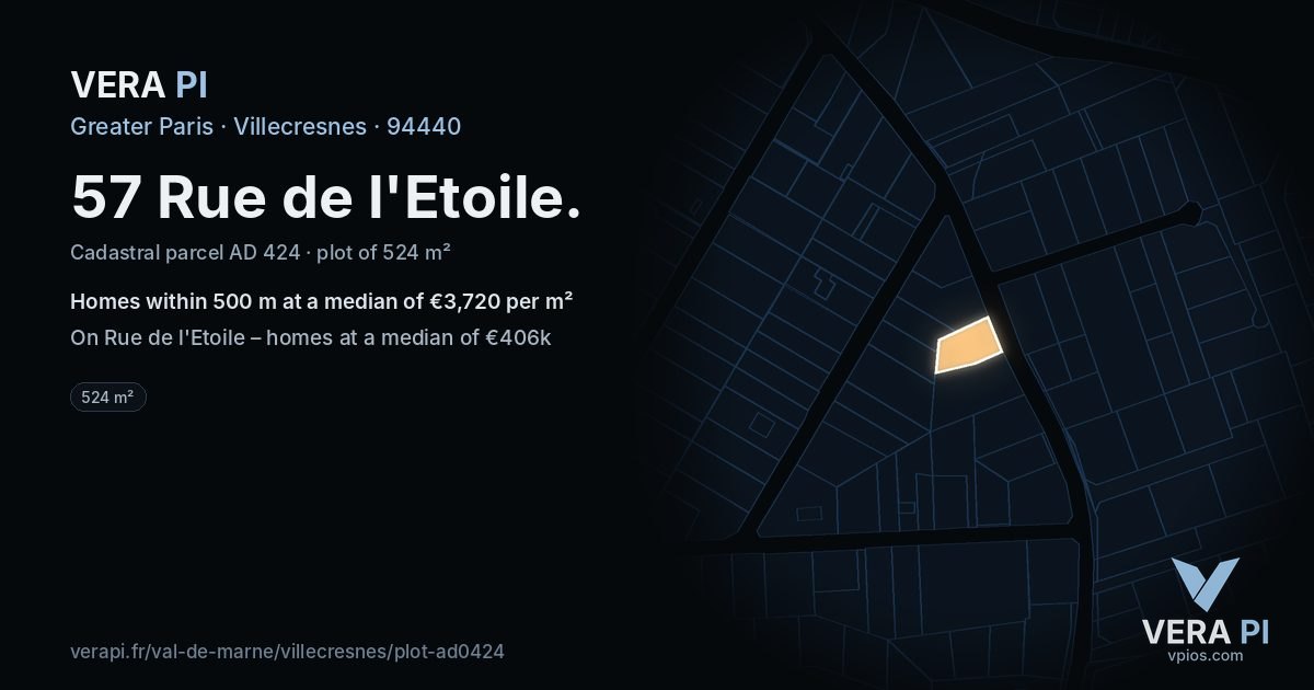 57 Rue de l'Etoile, Villecresnes at night – the plot lit, the parcels around coloured by the prices near them