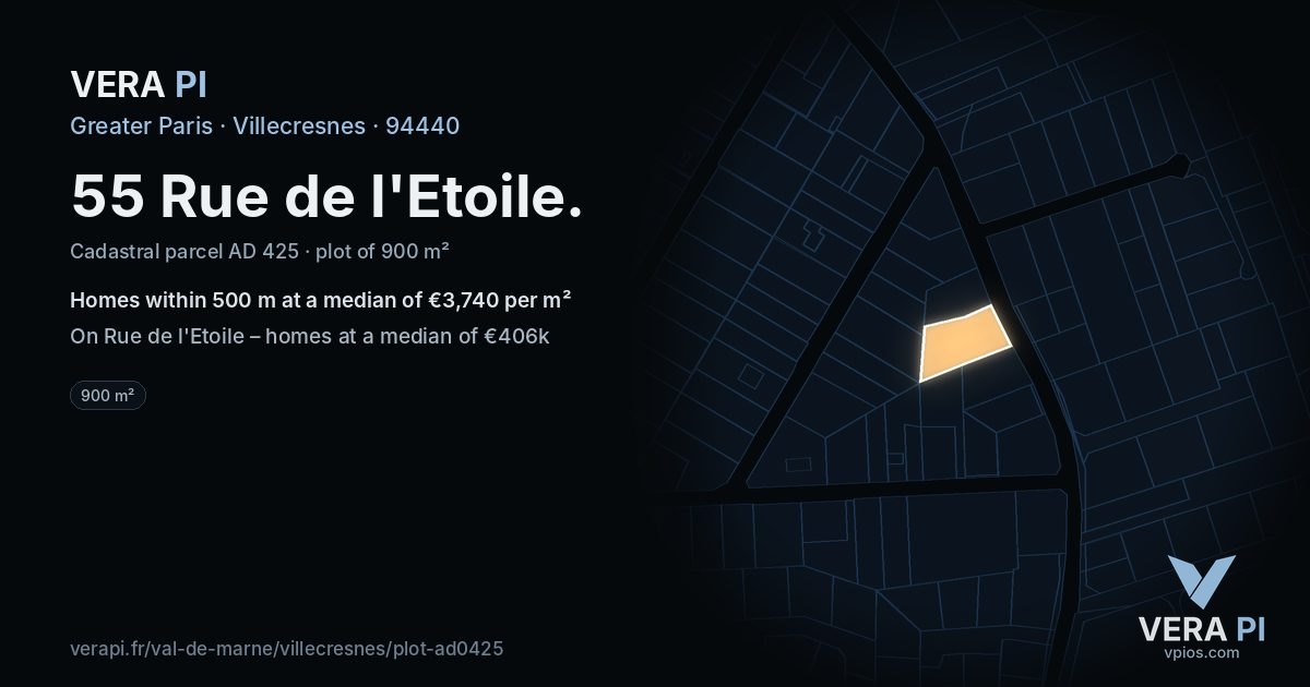 55 Rue de l'Etoile, Villecresnes at night – the plot lit, the parcels around coloured by the prices near them
