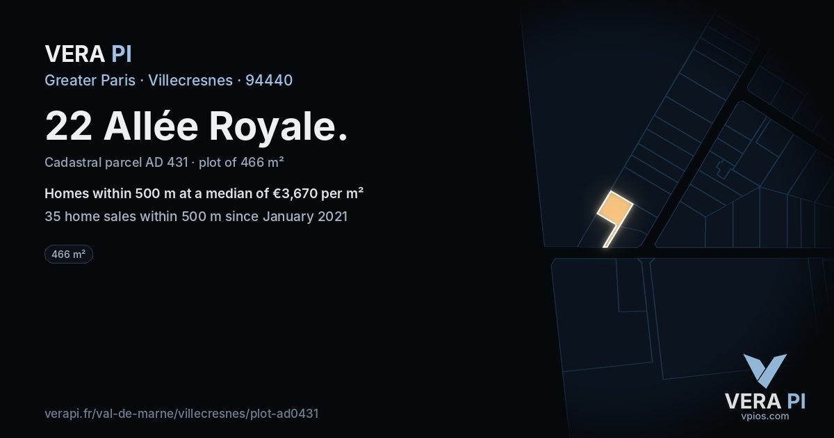 22 Allée Royale, Villecresnes at night – the plot lit, the parcels around coloured by the prices near them