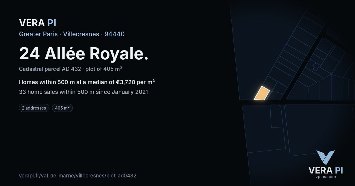 24 Allée Royale, Villecresnes at night – the plot lit, the parcels around coloured by the prices near them