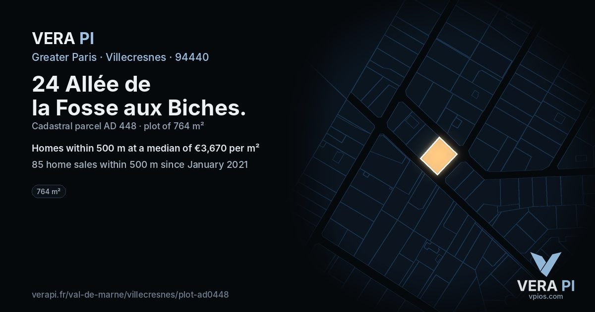 24 Allée de la Fosse aux Biches, Villecresnes at night – the plot lit, the parcels around coloured by the prices near them