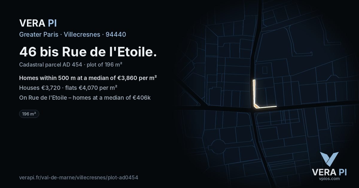 46 bis Rue de l'Etoile, Villecresnes at night – the plot lit, the parcels around coloured by the prices near them
