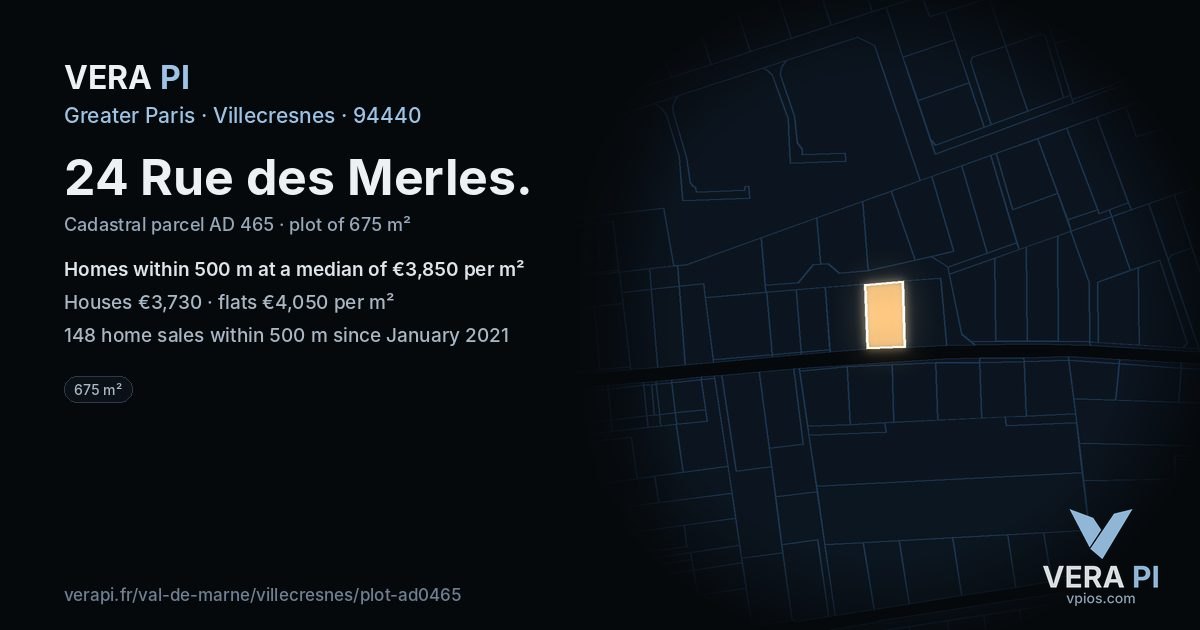 24 Rue des Merles, Villecresnes at night – the plot lit, the parcels around coloured by the prices near them