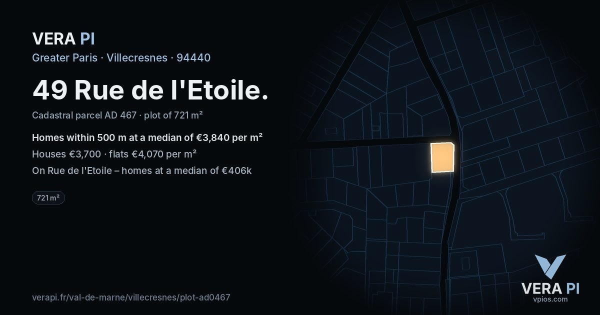 49 Rue de l'Etoile, Villecresnes at night – the plot lit, the parcels around coloured by the prices near them