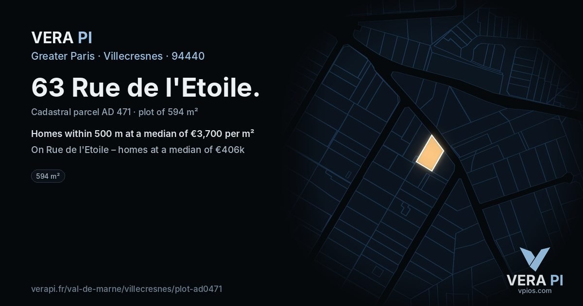 63 Rue de l'Etoile, Villecresnes at night – the plot lit, the parcels around coloured by the prices near them