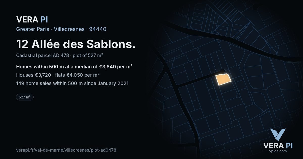 12 Allée des Sablons, Villecresnes at night – the plot lit, the parcels around coloured by the prices near them