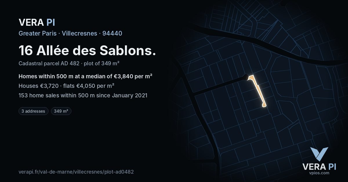 16 Allée des Sablons, Villecresnes at night – the plot lit, the parcels around coloured by the prices near them