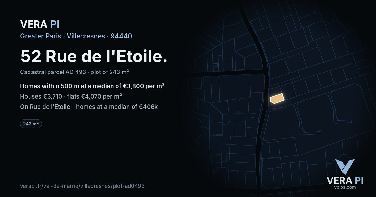52 Rue de l'Etoile, Villecresnes at night – the plot lit, the parcels around coloured by the prices near them