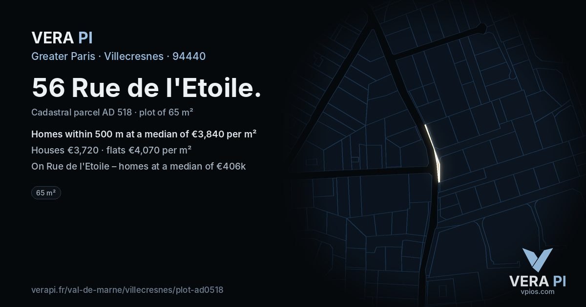 56 Rue de l'Etoile, Villecresnes at night – the plot lit, the parcels around coloured by the prices near them