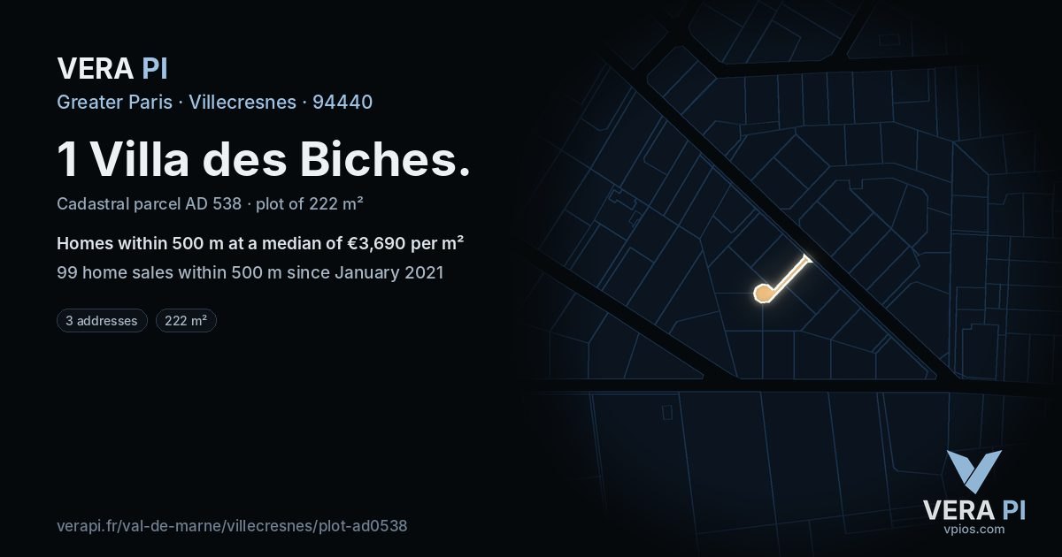 1 Villa des Biches, Villecresnes at night – the plot lit, the parcels around coloured by the prices near them