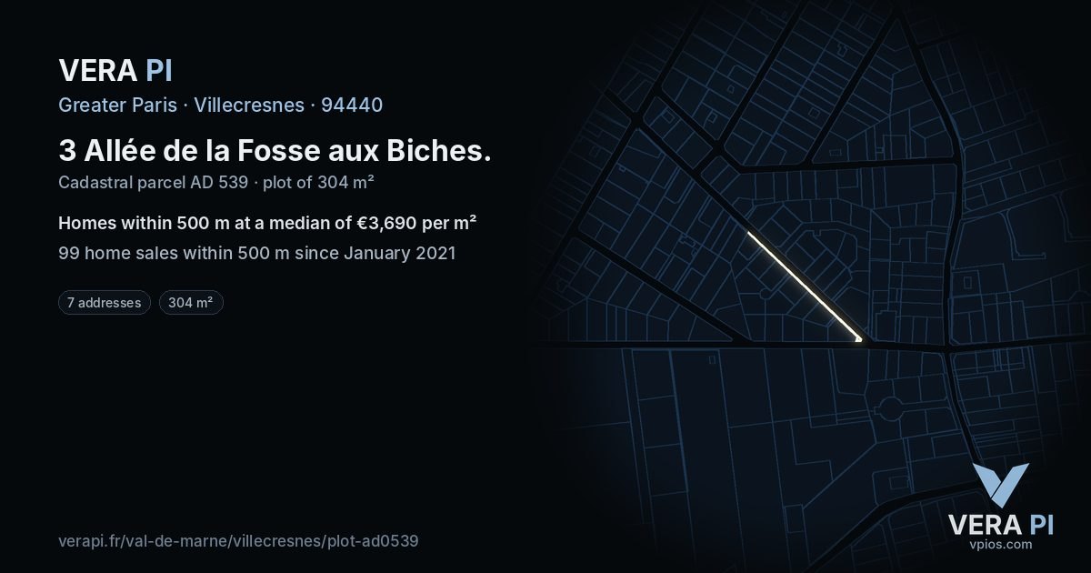 3 Allée de la Fosse aux Biches, Villecresnes at night – the plot lit, the parcels around coloured by the prices near them