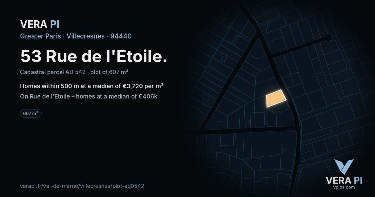 53 Rue de l'Etoile, Villecresnes at night – the plot lit, the parcels around coloured by the prices near them