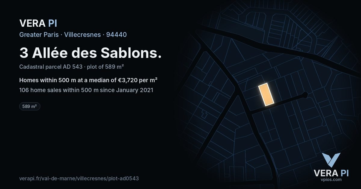 3 Allée des Sablons, Villecresnes at night – the plot lit, the parcels around coloured by the prices near them