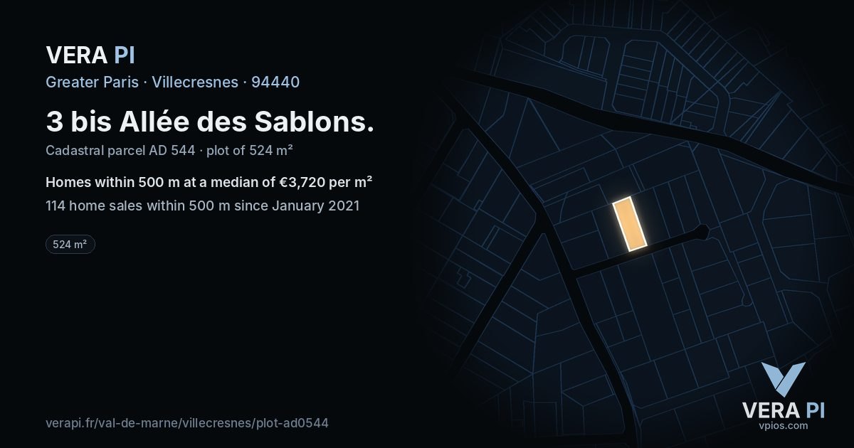 3 bis Allée des Sablons, Villecresnes at night – the plot lit, the parcels around coloured by the prices near them