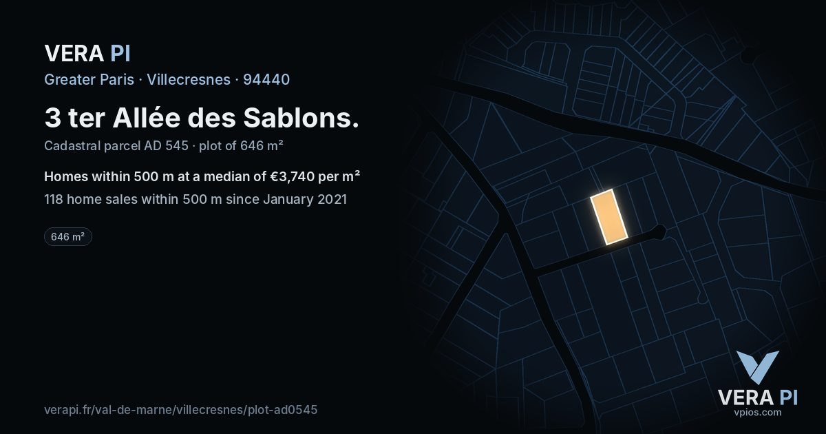 3 ter Allée des Sablons, Villecresnes at night – the plot lit, the parcels around coloured by the prices near them