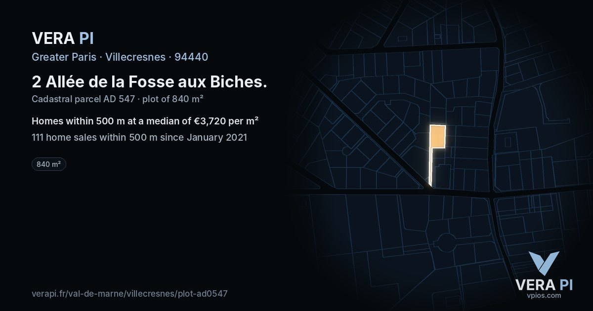 2 Allée de la Fosse aux Biches, Villecresnes at night – the plot lit, the parcels around coloured by the prices near them