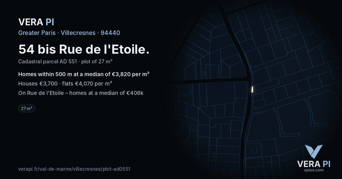 54 bis Rue de l'Etoile, Villecresnes at night – the plot lit, the parcels around coloured by the prices near them