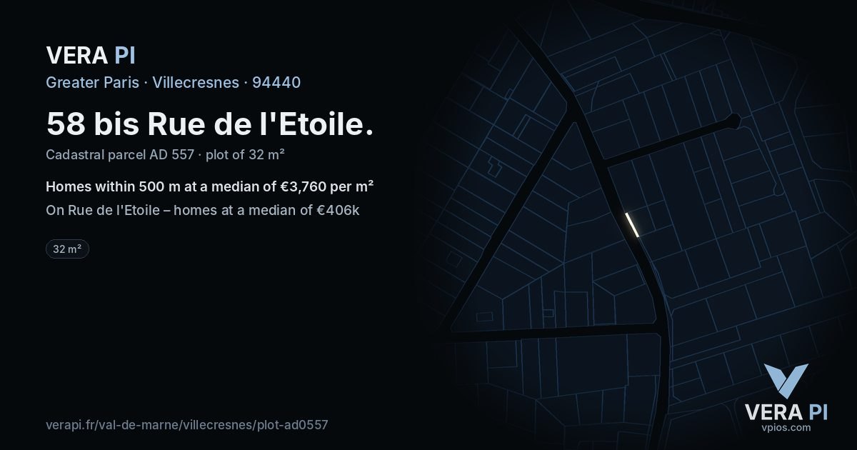 58 bis Rue de l'Etoile, Villecresnes at night – the plot lit, the parcels around coloured by the prices near them