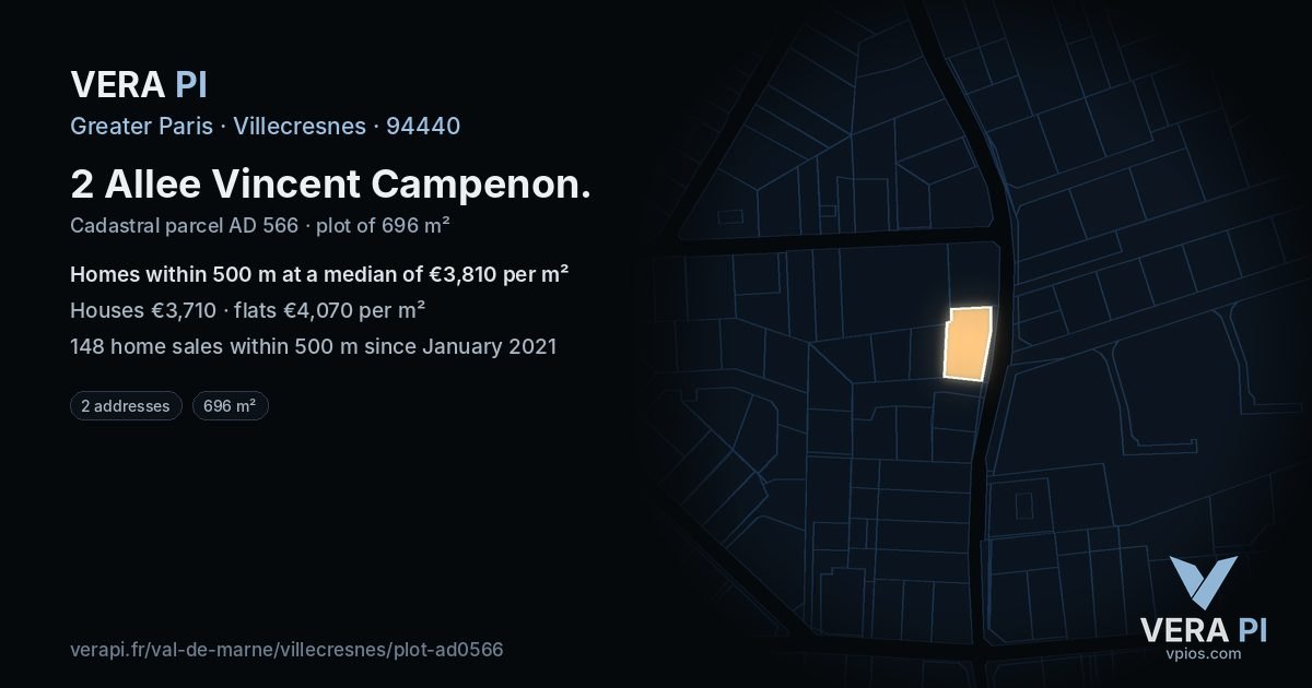 2 Allee Vincent Campenon, Villecresnes at night – the plot lit, the parcels around coloured by the prices near them