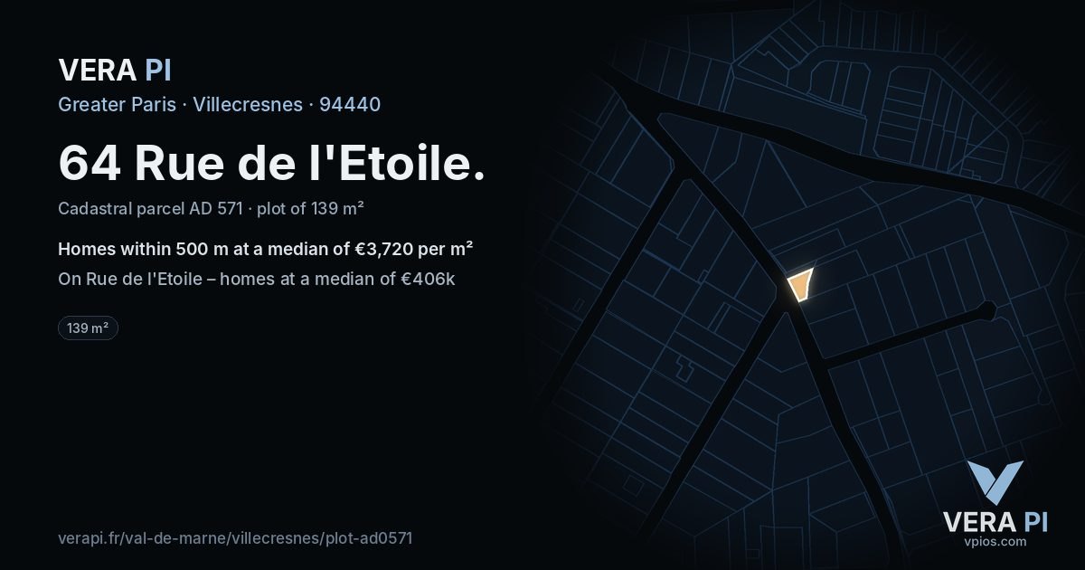 64 Rue de l'Etoile, Villecresnes at night – the plot lit, the parcels around coloured by the prices near them